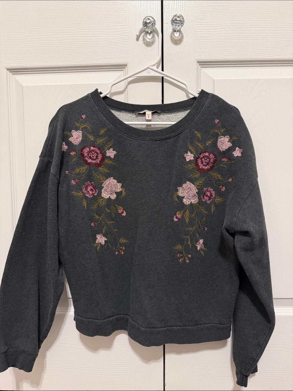 Express Dark Gray Sweatshirt with Pink & Burgundy Floral Embroidery